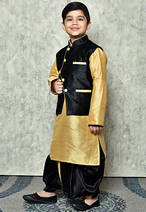 Contrast Trim Dupion Dhoti Kurta Jacket Set in Beige and Black
