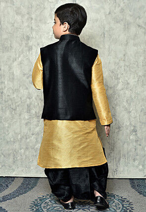 Contrast Trim Dupion Dhoti Kurta Jacket Set in Beige and Black