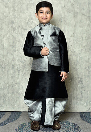 Contrast Trim Dupion Dhoti Kurta Jacket Set in Black and Grey