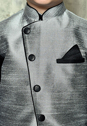 Contrast Trim Dupion Dhoti Kurta Jacket Set in Black and Grey