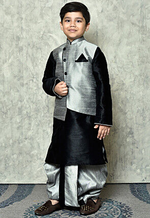 Contrast Trim Dupion Dhoti Kurta Jacket Set in Black and Grey