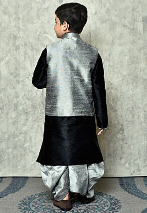 Contrast Trim Dupion Dhoti Kurta Jacket Set in Black and Grey