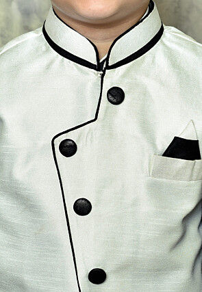 Contrast Trim Dupion Dhoti Kurta Jacket Set in Black and White