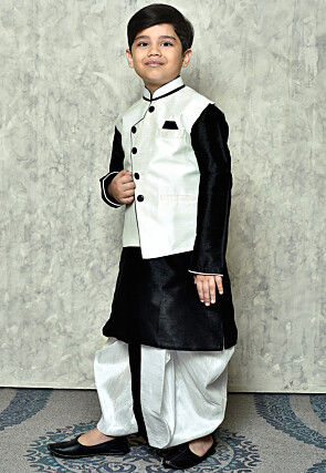 Contrast Trim Dupion Dhoti Kurta Jacket Set in Black and White