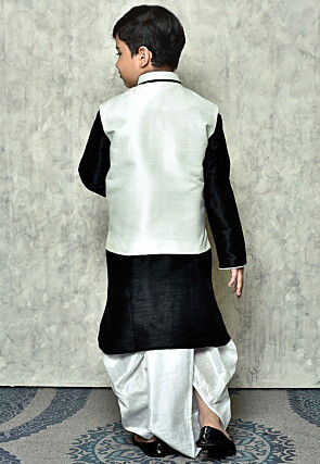 Contrast Trim Dupion Dhoti Kurta Jacket Set in Black and White