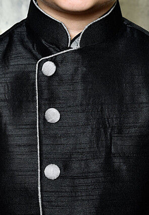 Contrast Trim Dupion Dhoti Kurta Jacket Set in Grey and Black