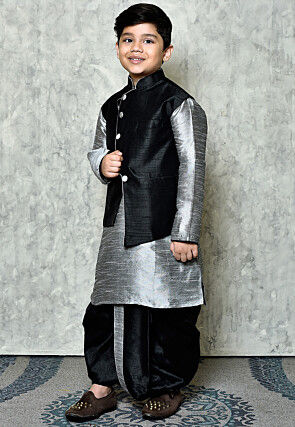 Contrast Trim Dupion Dhoti Kurta Jacket Set in Grey and Black