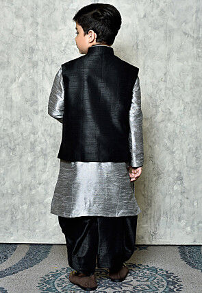 Contrast Trim Dupion Dhoti Kurta Jacket Set in Grey and Black