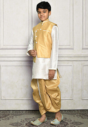 Contrast Trim Dupion Dhoti Kurta Jacket Set in White and Beige