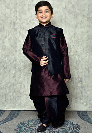 Contrast Trim Dupion Dhoti Kurta Jacket Set in Wine and Black
