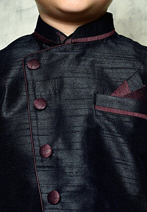 Contrast Trim Dupion Dhoti Kurta Jacket Set in Wine and Black