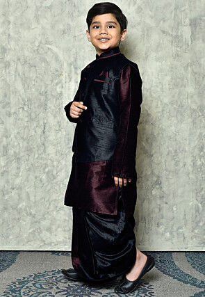 Contrast Trim Dupion Dhoti Kurta Jacket Set in Wine and Black