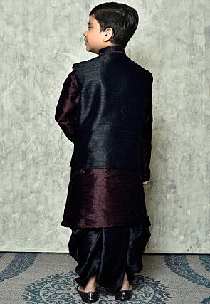 Contrast Trim Dupion Dhoti Kurta Jacket Set in Wine and Black