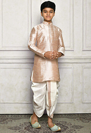 Contrast Trim Dupion Silk Dhoti Kurta in Beige