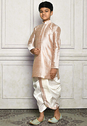 Contrast Trim Dupion Silk Dhoti Kurta in Beige