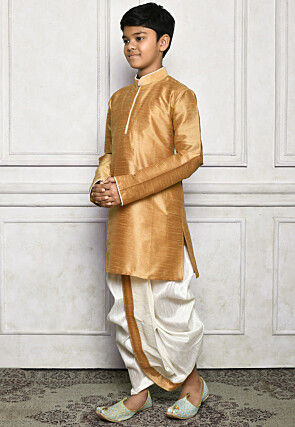 Contrast Trim Dupion Silk Dhoti Kurta in Beige