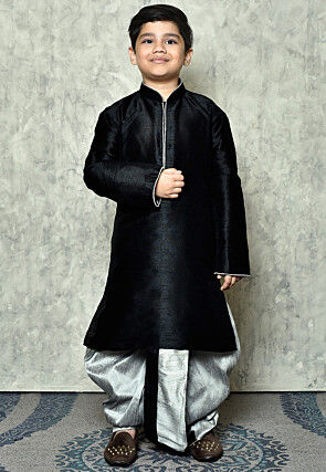 Contrast Trim Dupion Silk Dhoti Kurta in Black