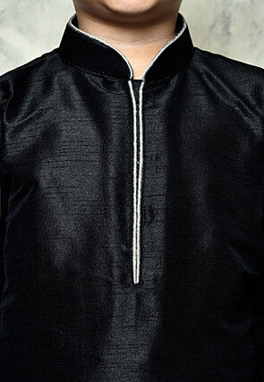 Contrast Trim Dupion Silk Dhoti Kurta in Black