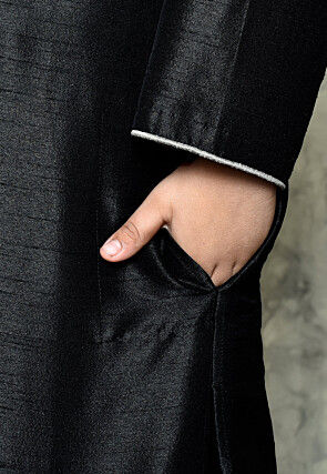 Contrast Trim Dupion Silk Dhoti Kurta in Black