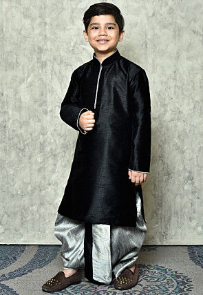 Contrast Trim Dupion Silk Dhoti Kurta in Black