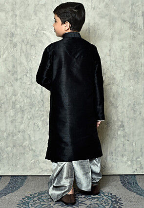 Contrast Trim Dupion Silk Dhoti Kurta in Black