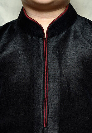 Contrast Trim Dupion Silk Dhoti Kurta in Black