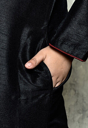 Contrast Trim Dupion Silk Dhoti Kurta in Black