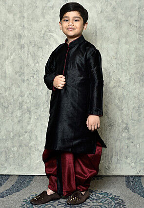 Contrast Trim Dupion Silk Dhoti Kurta in Black