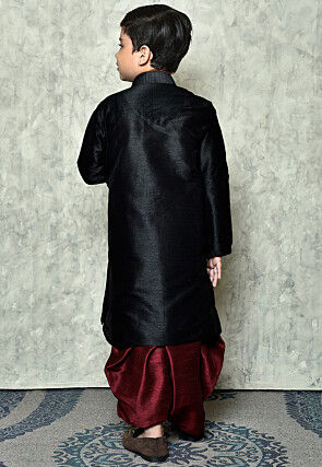 Contrast Trim Dupion Silk Dhoti Kurta in Black