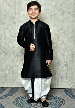 Contrast Trim Dupion Silk Dhoti Kurta in Black
