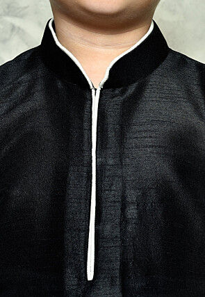 Contrast Trim Dupion Silk Dhoti Kurta in Black