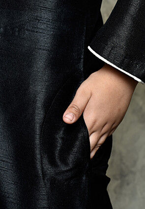 Contrast Trim Dupion Silk Dhoti Kurta in Black