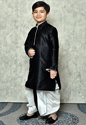 Contrast Trim Dupion Silk Dhoti Kurta in Black