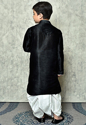 Contrast Trim Dupion Silk Dhoti Kurta in Black