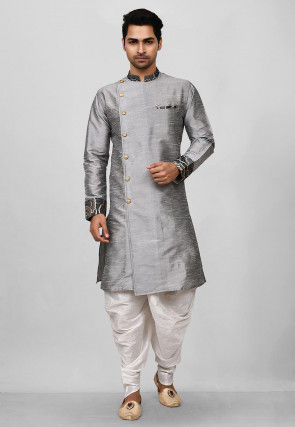 Contrast Trim Dupion Silk Dhoti Kurta in Grey