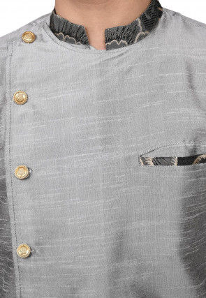 Contrast Trim Dupion Silk Dhoti Kurta in Grey