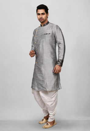 Contrast Trim Dupion Silk Dhoti Kurta in Grey