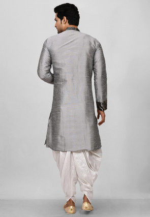Contrast Trim Dupion Silk Dhoti Kurta in Grey