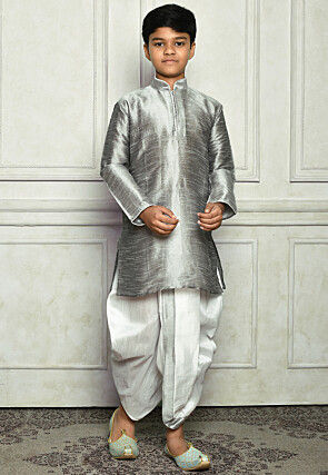 Contrast Trim Dupion Silk Dhoti Kurta in Grey