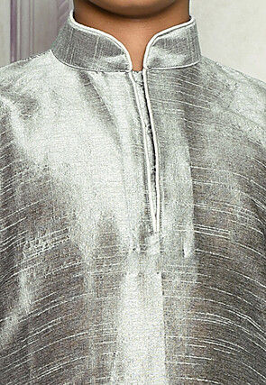Contrast Trim Dupion Silk Dhoti Kurta in Grey