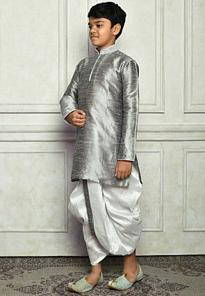 Contrast Trim Dupion Silk Dhoti Kurta in Grey