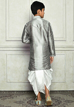 Contrast Trim Dupion Silk Dhoti Kurta in Grey