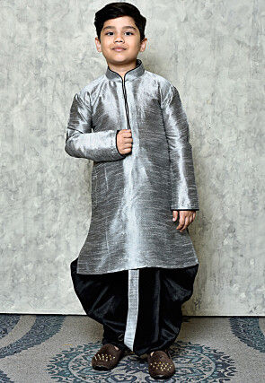 Contrast Trim Dupion Silk Dhoti Kurta in Grey