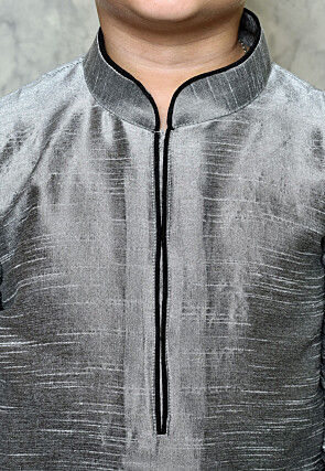 Contrast Trim Dupion Silk Dhoti Kurta in Grey