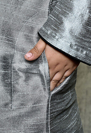 Contrast Trim Dupion Silk Dhoti Kurta in Grey