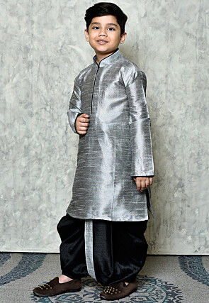 Contrast Trim Dupion Silk Dhoti Kurta in Grey