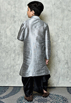 Contrast Trim Dupion Silk Dhoti Kurta in Grey