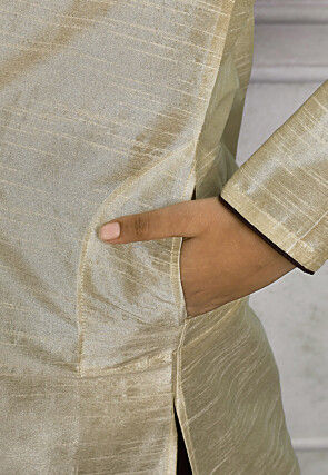 Contrast Trim Dupion Silk Dhoti Kurta in Light Beige