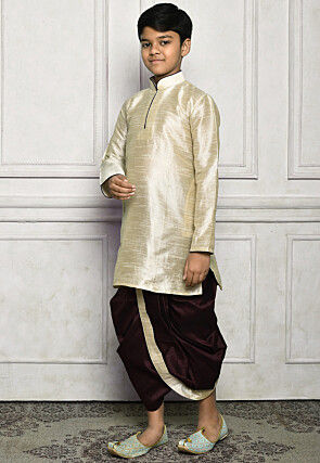 Contrast Trim Dupion Silk Dhoti Kurta in Light Beige