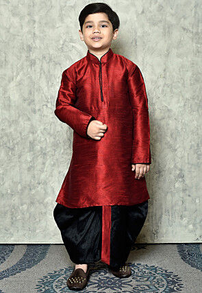 Contrast Trim Dupion Silk Dhoti Kurta in Maroon